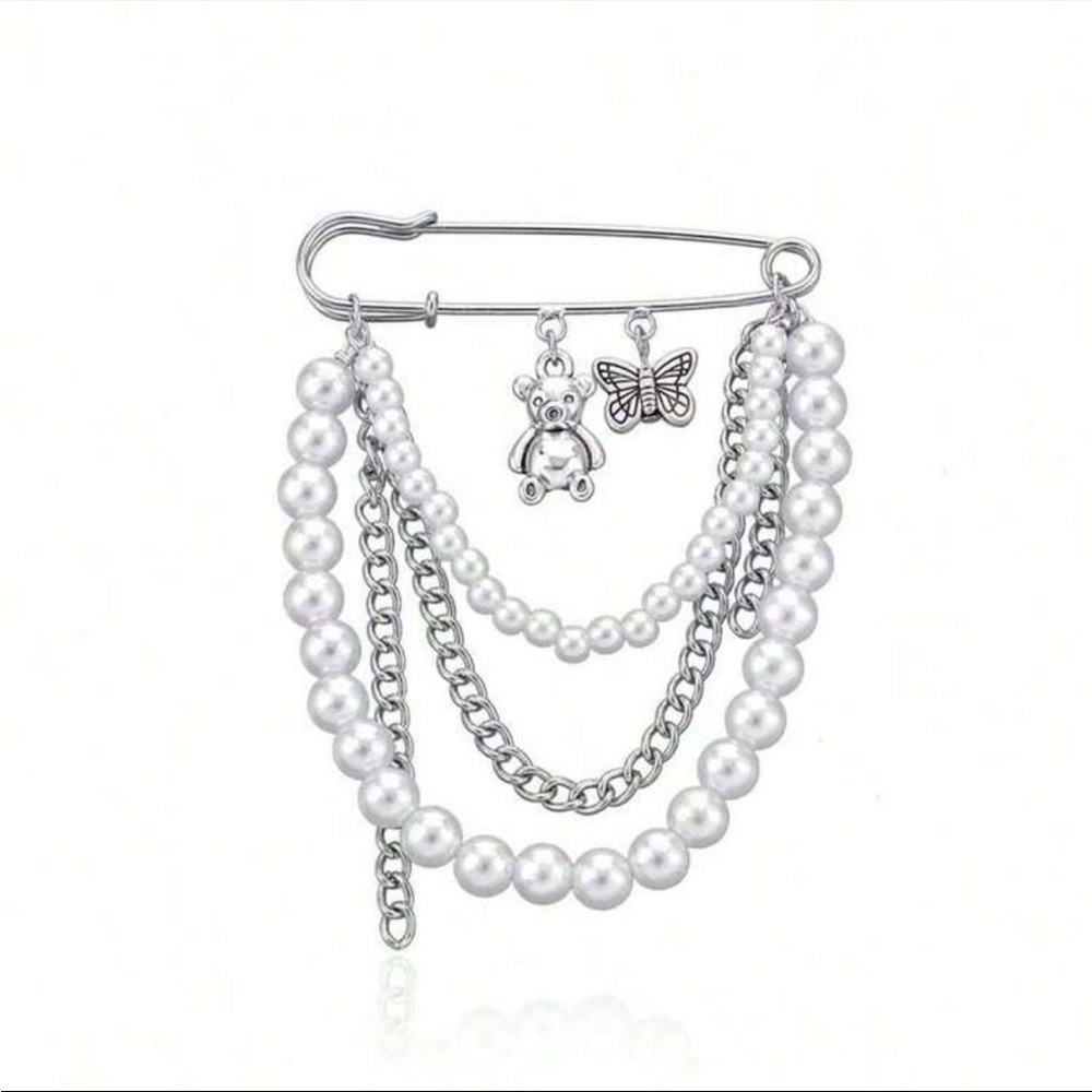 Pearl & Chain Brooch - Butterfly & Teddy Bear Safety Pin Design Cute w Blazer 🧸